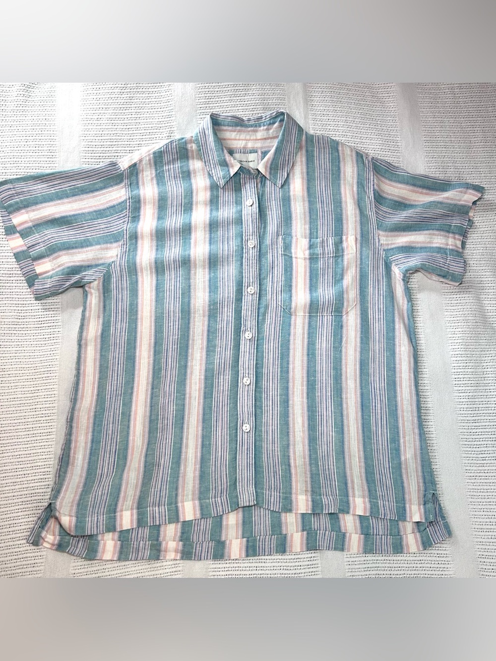 American Eagle Med Striped Linen Blend Resort Wear Button Up Shortsleeve Shirt